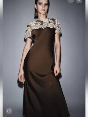 ZARA Brown Satin Midi Dress with Ivory Lace Yoke